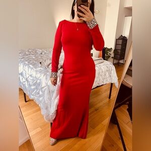 Vintage Gorgeous Red Long Sleeve Cocktail Gala Dress with Embellished Cuffs L